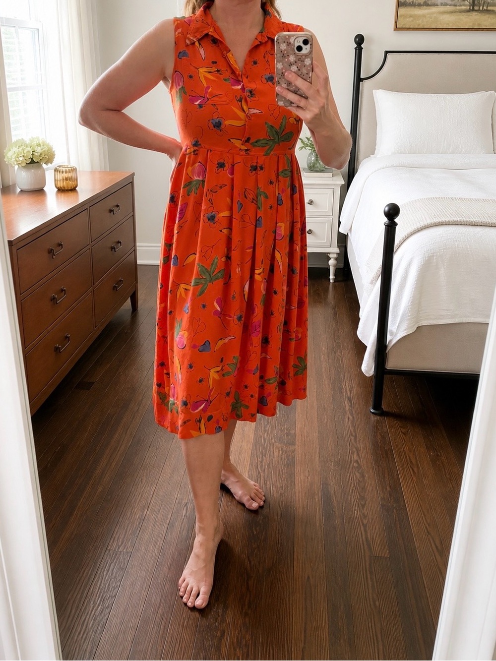 Vintage Orange Floral-Print Button Up Dress - Picture 5 of 7